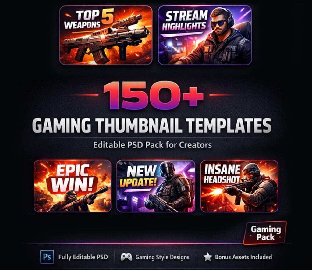 150 Gaming Youtube Thumbnail Templates for streamers, Editable PSD Pack with Bonus Assets