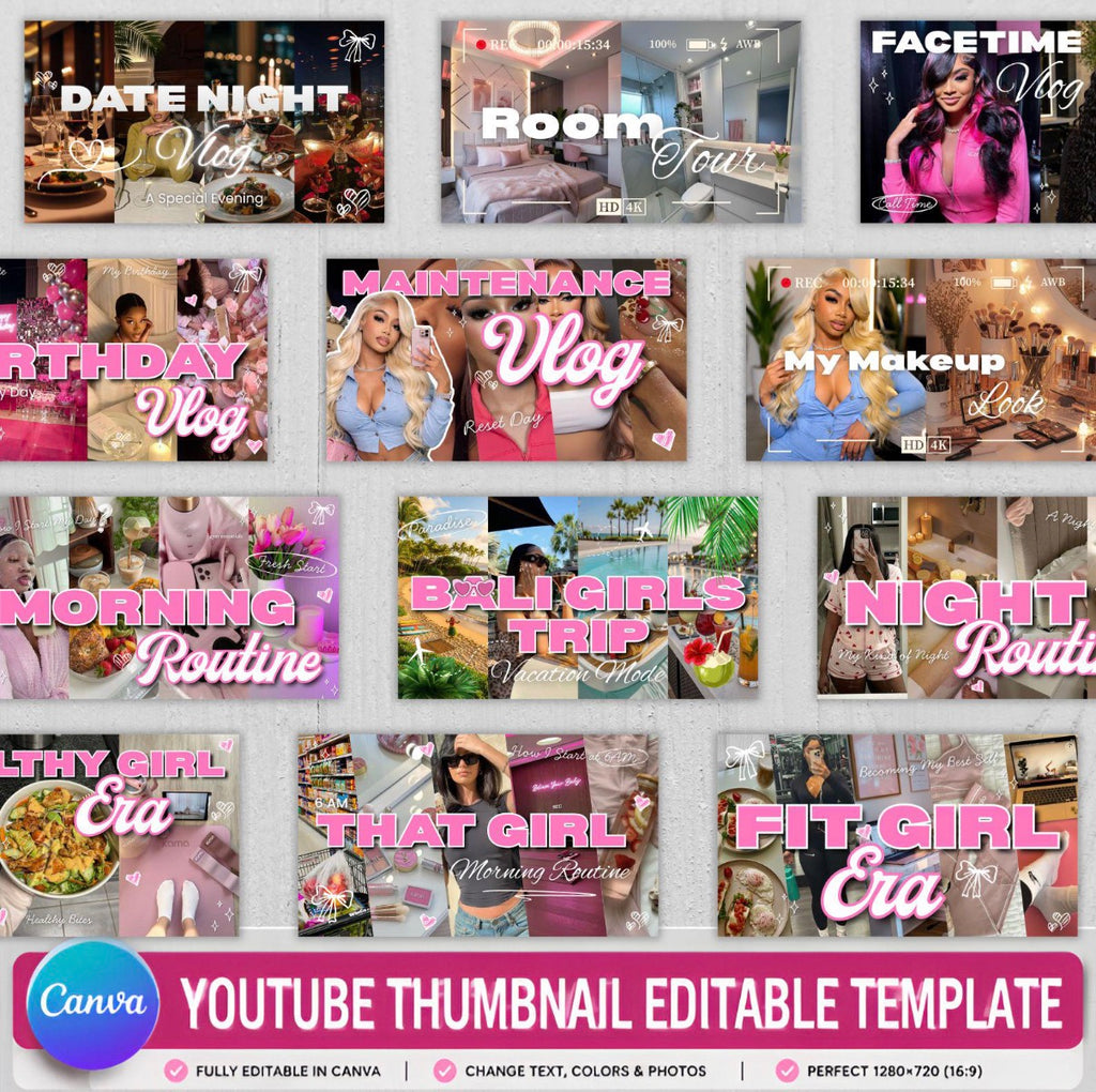 Lifestyle Vlogger YouTube Thumbnail Templates | Pink Girly Canva Thumbnail Kit | Editable YouTube Branding Templates | Digital Download